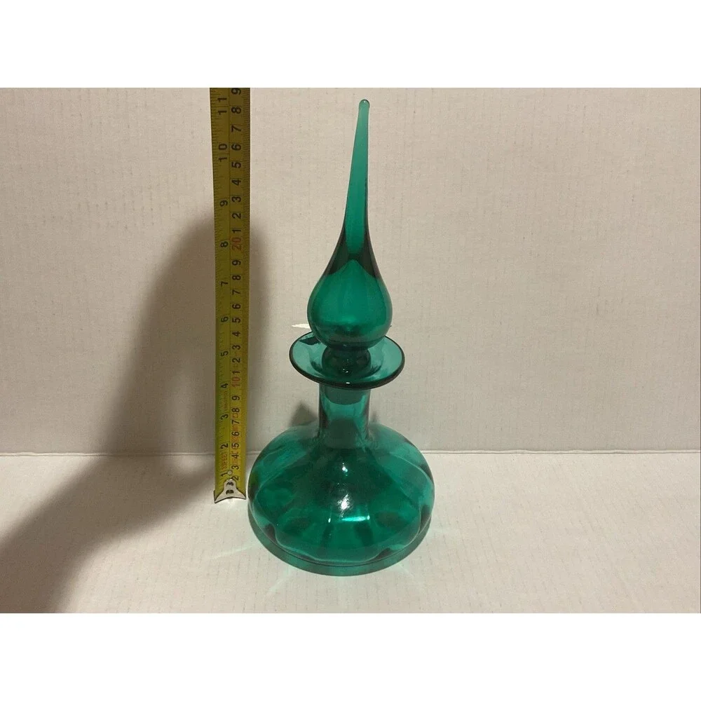 Vintage MCM Art Glass Genie Bottle Decanter Emerald Green